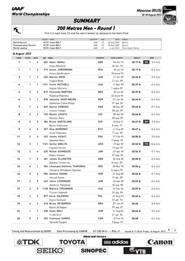 SUMMARY 200 Metres Men - Round 1 First 3 in Each Heat (Q) and the Next 3 Fastest (Q) Advance to the Semi-Final