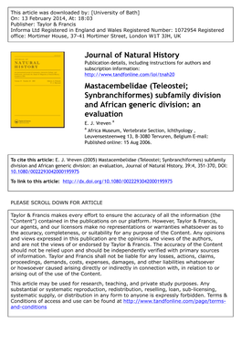 Journal of Natural History Mastacembelidae