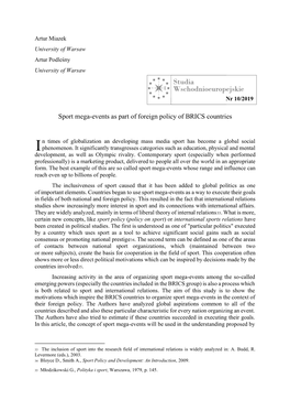 Sport Mega-Events As Part of Foreign Policy of BRICS Countries