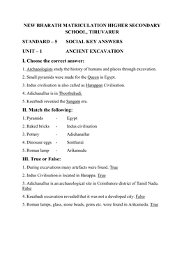 5 Social Key Answers Unit – 1 Ancient Excavation I