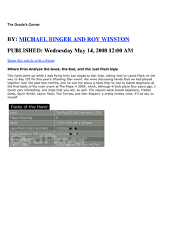 BY: MICHAEL BINGER and ROY WINSTON PUBLISHED: Wednesday May 14, 2008 12:00 AM