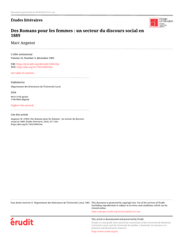 Des Romans Pour Les Femmes : Un Secteur Du Discours Social En 1889 Marc Angenot