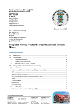 Complaint: Norway Violates the Water Framework Directive Mining