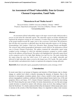 An Assessment of Flood Vulnerability Zone in Greater Chennai Corporation, Tamil Nadu