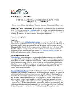 For Immediate Release California and Nevada Ski