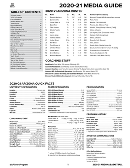 2020-21 MEDIA GUIDE TABLE of CONTENTS 2020-21 ARIZONA ROSTER TV/Radio Roster