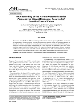 DNA Barcoding of the Marine Protected Species Parasesarma Bidens (Decapoda: Sesarmidea) from the Korean Waters