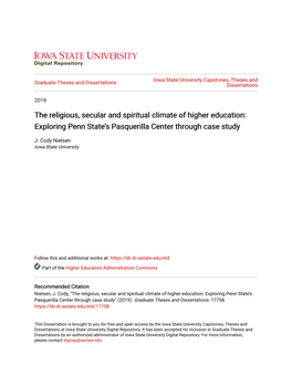 The Religious, Secular and Spiritual Climate of Higher Education: Exploring Penn State’S Pasquerilla Center Through Case Study