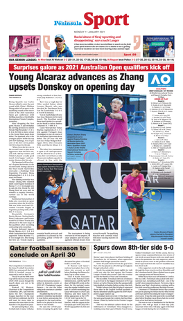 Young Alcaraz Advances As Zhang Upsets Donskoy on Opening
