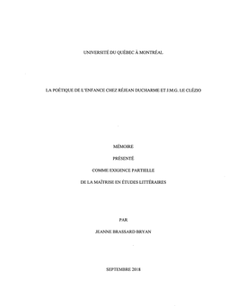 La Poétique De L'enfance Chez Réjean Ducharme Et J.M.G. Le Clézio