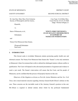 STATE of MINNESOTA DISTRICT COURT COUNTY of RAMSEY SECOND JUDICIAL DISTRICT Dr. Jane Doe; Mary Moe; First Unitarian Society Of