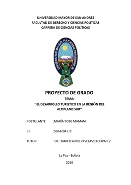 Proyecto De Grado Tema: “El Desarrollo Turistico En La Región Del Altiplano Sur”