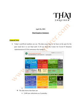 April 26, 2021 Thai Enquirer Summary General News • Today's Unofficial