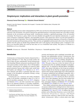 Streptomyces: Implications and Interactions in Plant Growth Promotion