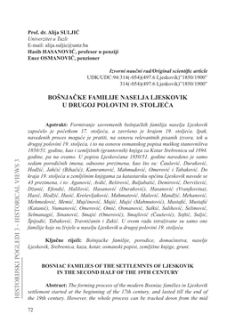 Prof. Dr. Alija SULJIĆ, Hasib HASANOVIĆ, Enez OSMANOVIĆ, Bošnjačke Familije Naselja Ljeskovik U Drugoj Polovini 19