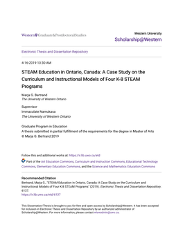 STEAM Education in Ontario, Canada: a Case Study on the Curriculum and Instructional Models of Four K-8 STEAM Programs
