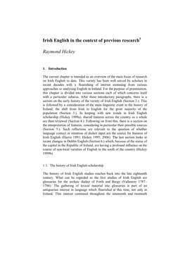Irish English in the Context of Previous Research1 Raymond Hickey
