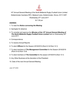 14Th Annual General Meeting of the North Midlands Rugby Football Union Limited Kidderminster Carolians RFC, Marlpool Lane, Kidderminster, Worcs