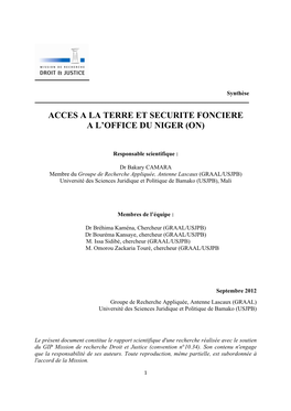 Acces a La Terre Et Securite Fonciere a L'office Du Niger