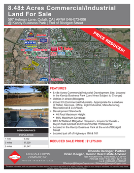 8.48± Acres Commercial/Industrial Land for Sale 597 Helman Lane, Cotati, CA | APN# 046-073-006 @ Kandy Business Park | End of Blodgett Street