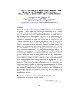 Ecotourism Management in Finima Nature Park of Bonny Island, Rivers State, Nigeria: Challenges and Benefits to Host Communities