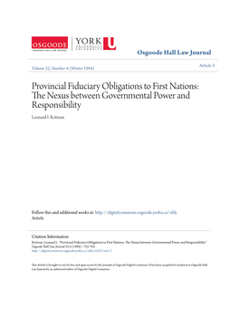 Provincial Fiduciary Obligations to First Nations: the Exn Us Between Governmental Power and Responsibility Leonard I