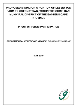 Proposed Mining on a Portion of Lesseyton Farm 81, Queenstown, Within the Chris Hani Municipal District of the Eastern Cape Province