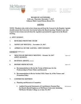 BOARD of GOVERNORS 9:00 Am, Thursday, December 7, 2017 Gilmour Hall, Council Room