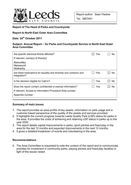 Report of the Head of Parks and Countryside Report to North East