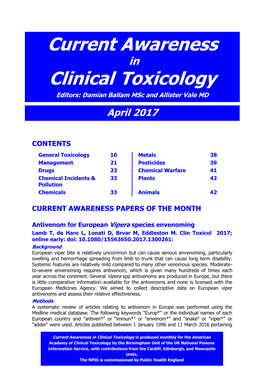 Current Awareness in Clinical Toxicology Editors: Damian Ballam Msc and Allister Vale MD