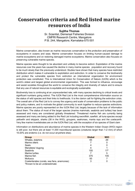 Conservation Criteria and Red Listed Marine Resources of India Sujitha Thomas Sr