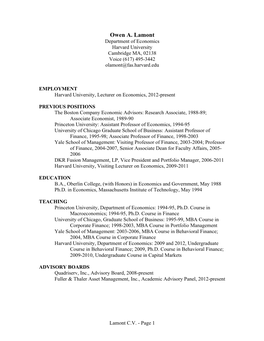 Owen A. Lamont Department of Economics Harvard University Cambridge MA, 02138 Voice (617) 495-3442 Olamont@Fas.Harvard.Edu