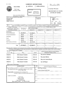 Lobbyist Report Form Secretary of State Sta Te of Idaho 12 31 2013