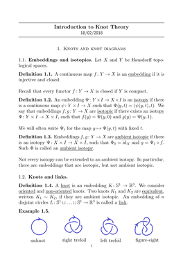 Introduction to Knot Theory 18/02/2018