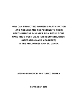 And Responding to Their Needs Improve Disaster Risk Reduction? Case from Post-Disaster Reconstruction (Operations and Measures) in the Philippines and Sri Lanka