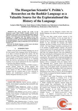 The Hungarian Scientist V. Prőhle‟S Researches on the Bashkir Language As a Valuable Source for the Exploratationof the History of the Language