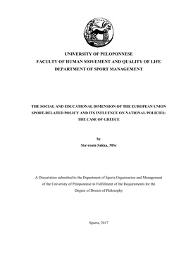 University of Peloponnese Faculty of Human Movement and Quality of Life Department of Sport Management