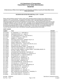 U.S. Department of Transportation Federal Motor Carrier Safety Administration REGISTER