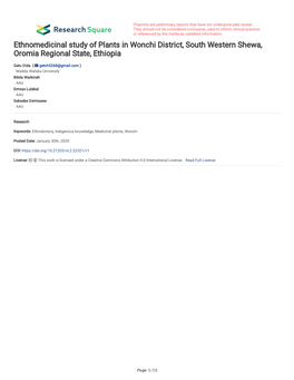 Ethnomedicinal Study of Plants in Wonchi District, South Western Shewa, Oromia Regional State, Ethiopia