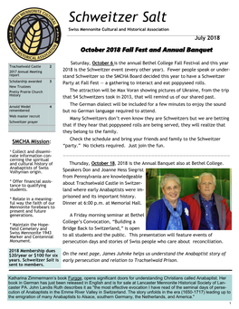 Schweitzer Salt Swiss Mennonite Cultural and Historical Association July 2018 October 2018 Fall Fest and Annual Banquet