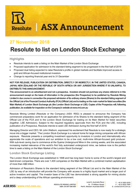 Resolute to List on London Stock Exchange