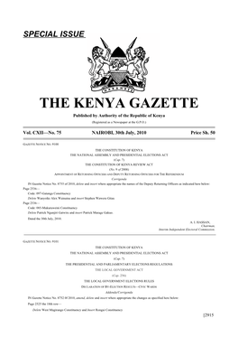 THE KENYA GAZETTE Published by Authority of the Republic of Kenya (Registered As a Newspaper at the G.P.O.)