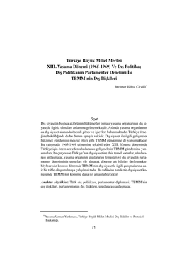 Yasama Dönemi (1965-1969) Ve Dış Politika; Dış Politikanın Parlamenter Denetimi İle TBMM’Nin Dış İlişkileri