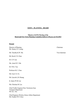 TOWN PLANNING BOARD Minutes of 467Th Meeting of the Rural and New Town Planning Committee Held at 2:30 P.M. on 15.6.2012 Prese