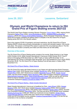 Olympic and World Champions to Return to ISU Grand Prix of Figure Skating Events 2021/22