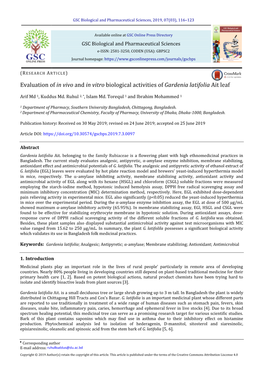 Evaluation of in Vivo and in Vitro Biological Activities of Gardenia Latifolia Ait Leaf