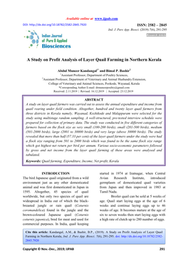 A Study on Profit Analysis of Layer Quail Farming in Northern Kerala