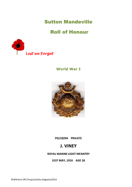 Sutton Mandeville Roll of Honour J. VINEY