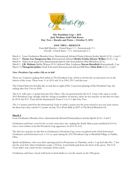 The Presidents Cup – 2015 Jack Nicklaus Golf Club Korea Day Two – Results and Notes – October 9, 2015