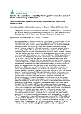 Somalia - Researched and Compiled by the Refugee Documentation Centre of Ireland on Wednesday 30 April 2014